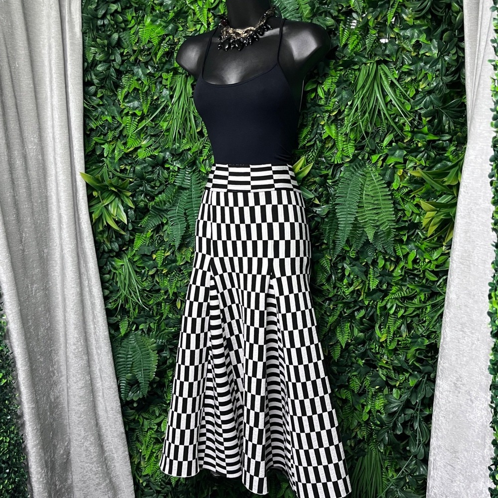 Gaitee Skirt Small Black & White Checkerboard High Waist A-Line Midi 3640‎